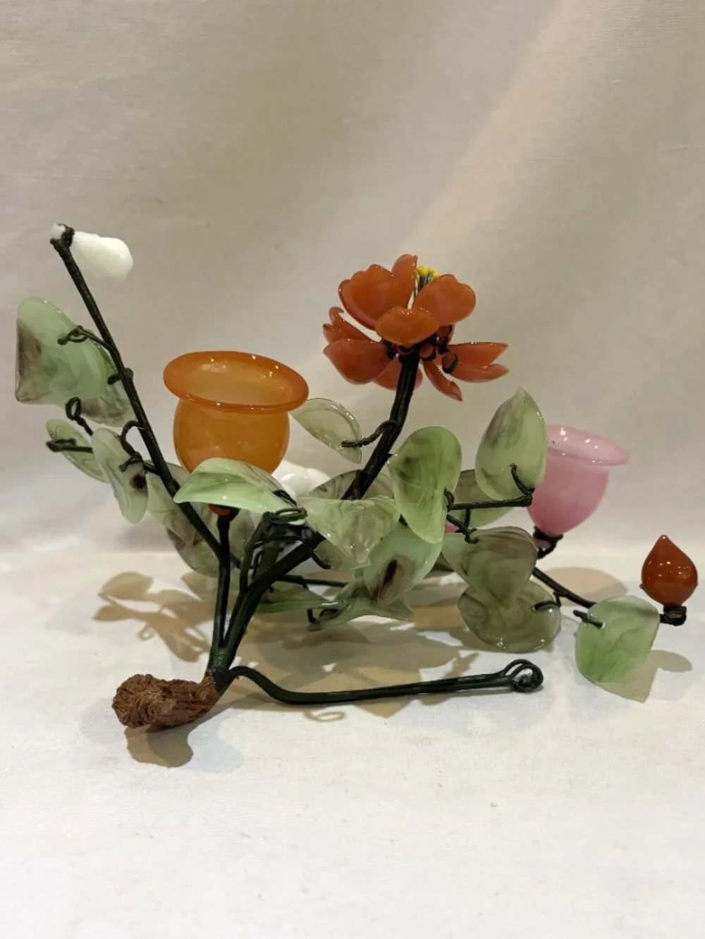 Vintage Hand Carved Jade & Stone Floral Candle Holder Centerpiece AS IS